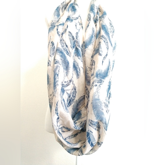 Infinity Scarf Blue Feathers with Beige Ochre Background Circle Loop Scarf - Picture 3 of 4